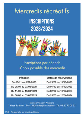 Mercredis récréatifs
Nouvelles modalités d'inscriptions en 2023 et 2024 (par période)